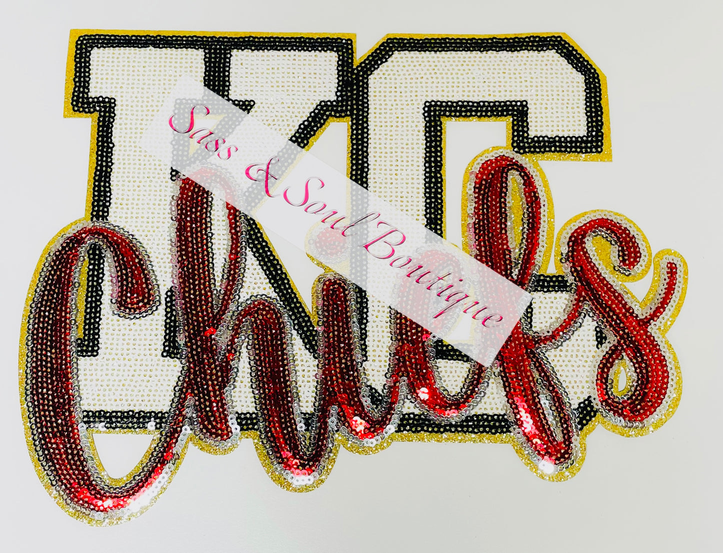 White & Red Sequin KC Chenille Patch